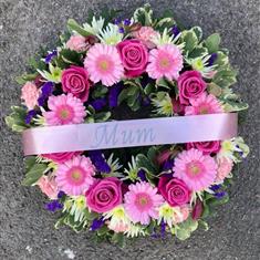 wreath in pink and lilacs
