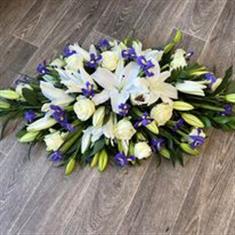 Blue and white casket spray 2